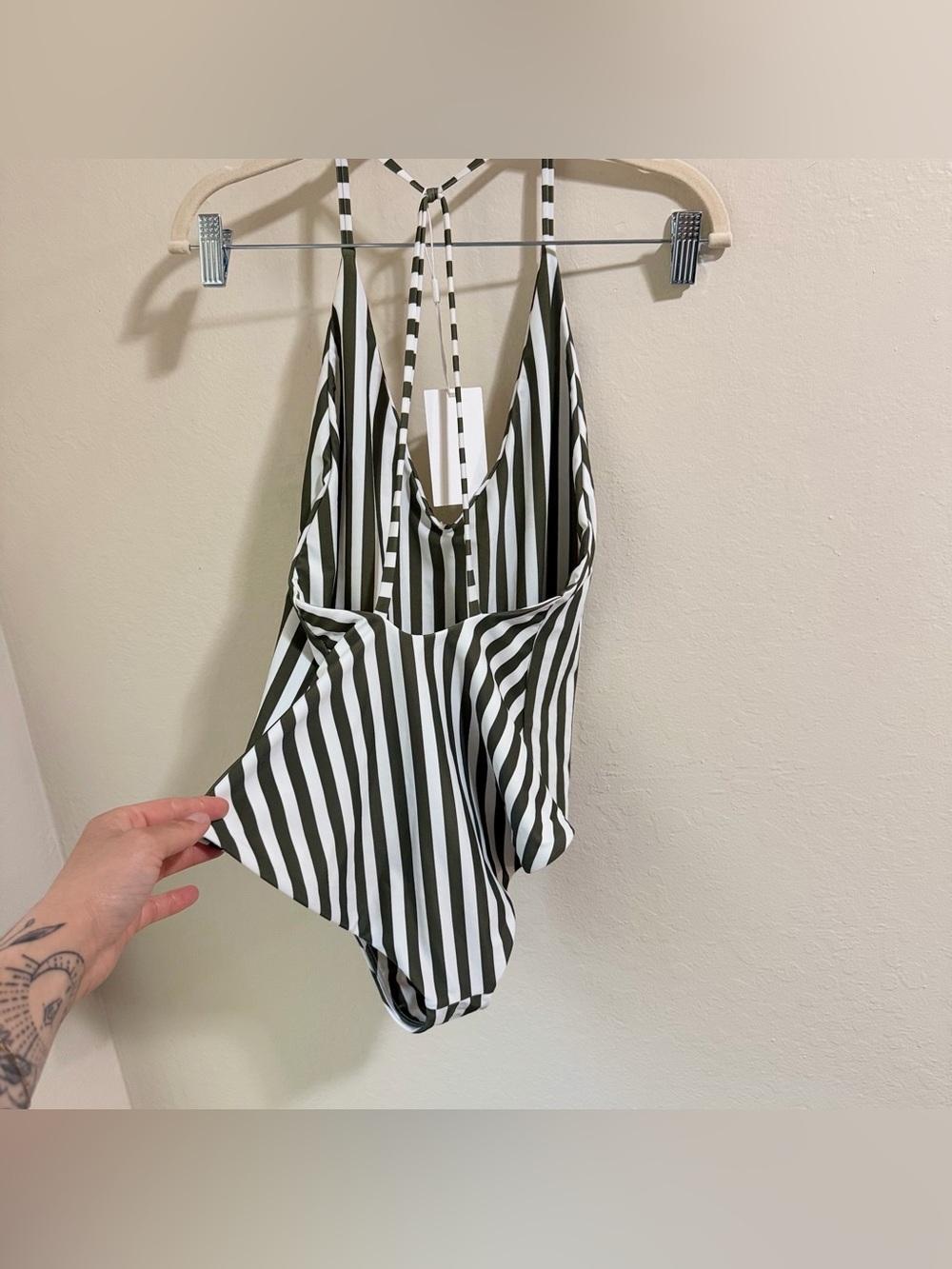 MIKOH Majorca One Piece Swimsuit NWT Large French Stripe Vetiver Olive Green - Picture 7 of 8